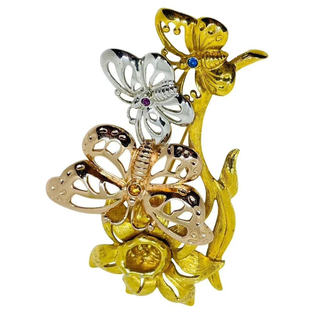 Vintage gold silver tone rhinestone flower butterflies designer brooch